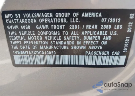 2013 Volkswagen Passat 3.6L V6 Se from USA, damaged, VIN 1VWBM7A3XDT010020